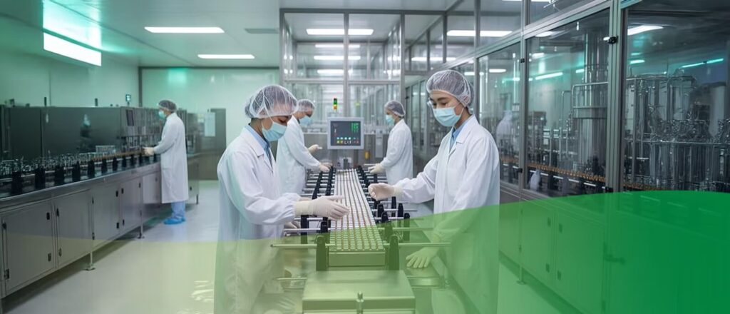 Workers in a sterile environment are manufacturing something